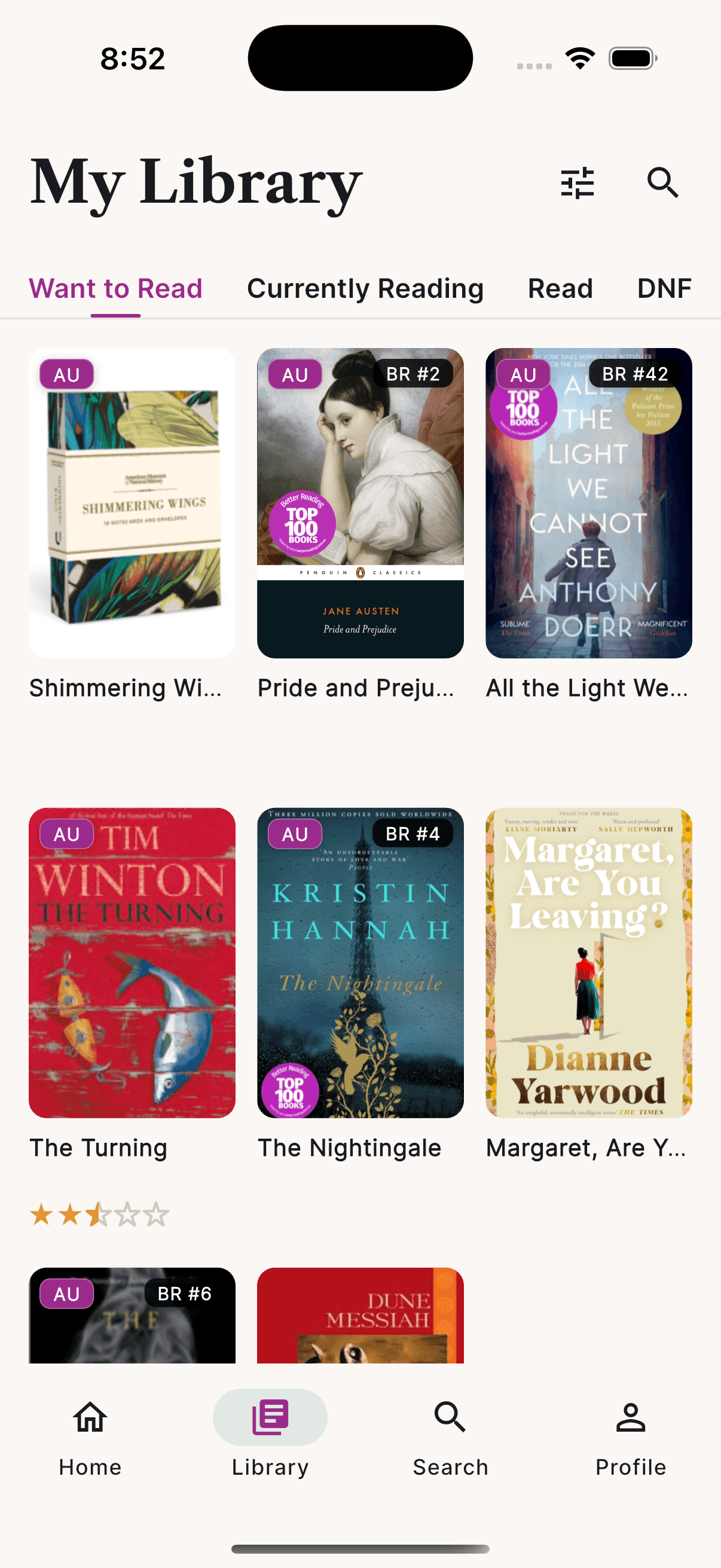 WAYR My Library on the Want to Read tab — AU-tagged books with Better Reading rankings and Top 100 badges (Pride and Prejudice, The Nightingale, Tim Winton's The Turning).
