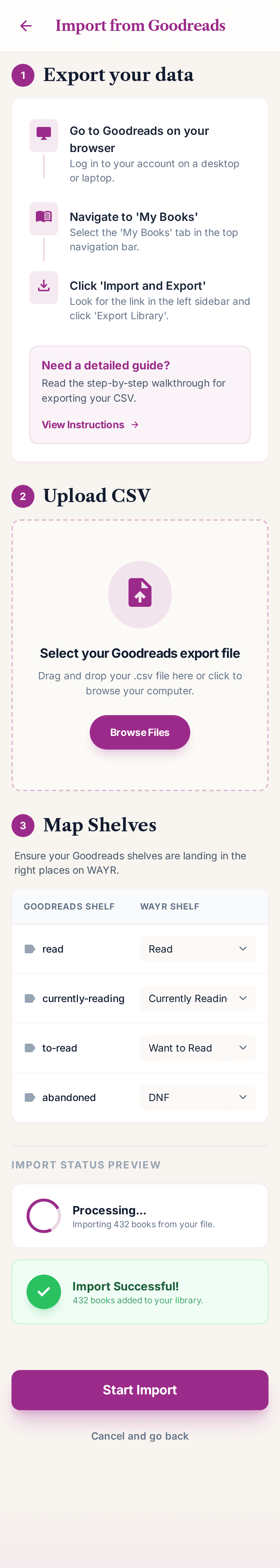 WAYR Goodreads import flow showing CSV upload progress and matched books.