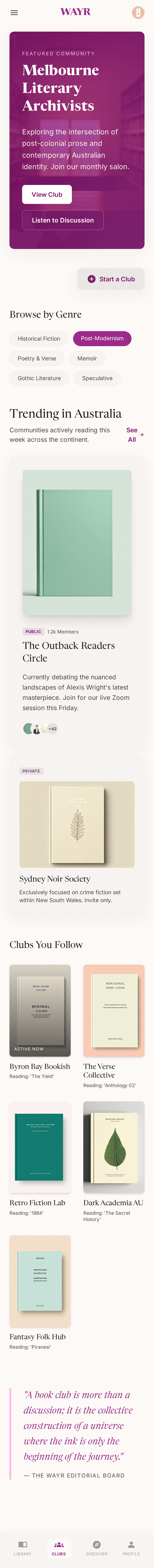 WAYR book club hub with featured clubs, members, and meeting dates.