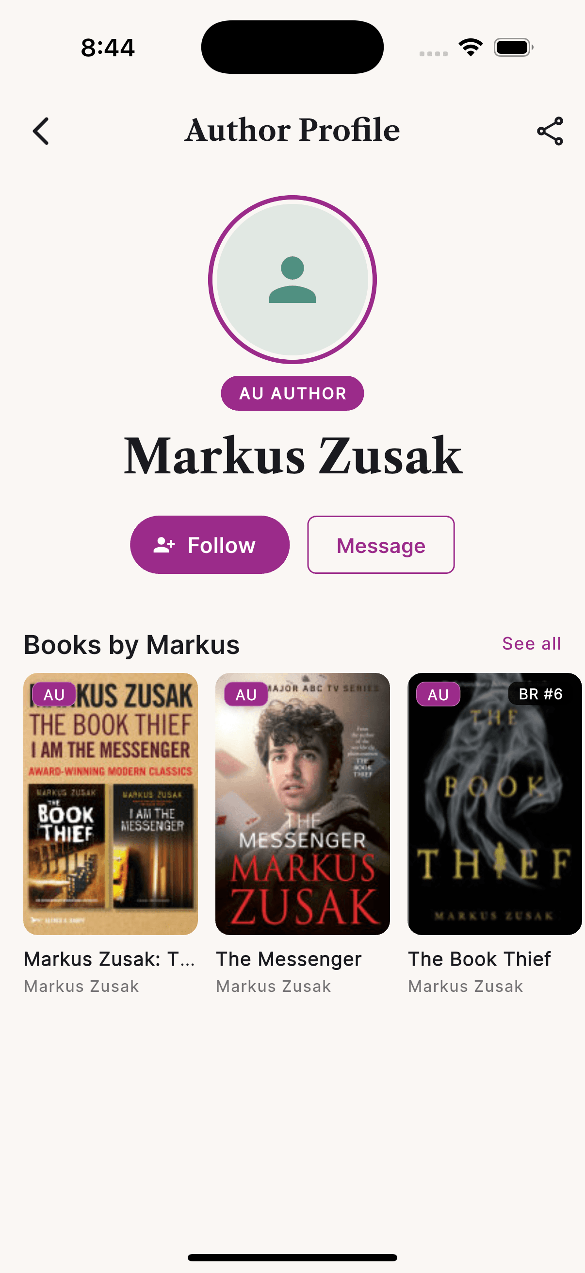 WAYR author profile for Markus Zusak with the AU Author badge and Books by Markus including The Book Thief and I Am the Messenger.